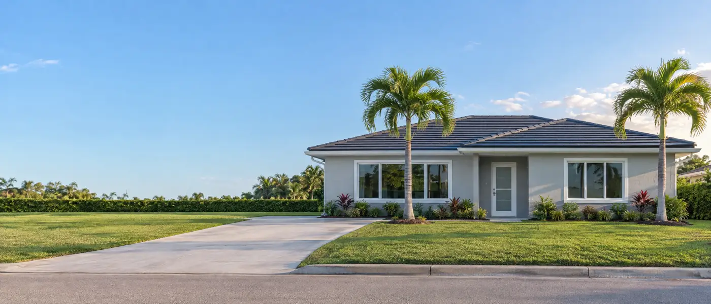 Florida ranch home with a tile roof, white windows and a palm tree
