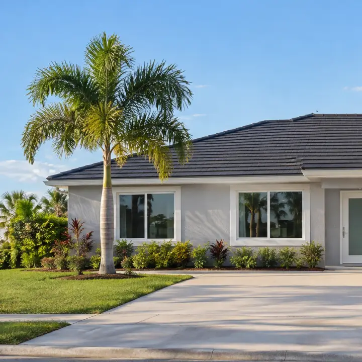 Single-story Florida home with a dark tile roof and palm trees